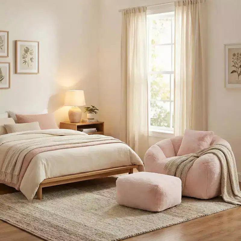 Fauteuil d'appoint en tissu Teddy Plush FurnitureR avec pouf, ensemble fauteuil de salon confortable et ottoman pour salon, chambre ou coin lecture