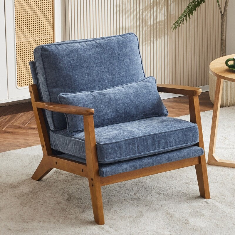 Fauteuil d'appoint rembourré en mélange de lin avec pieds en bois et un oreiller beige