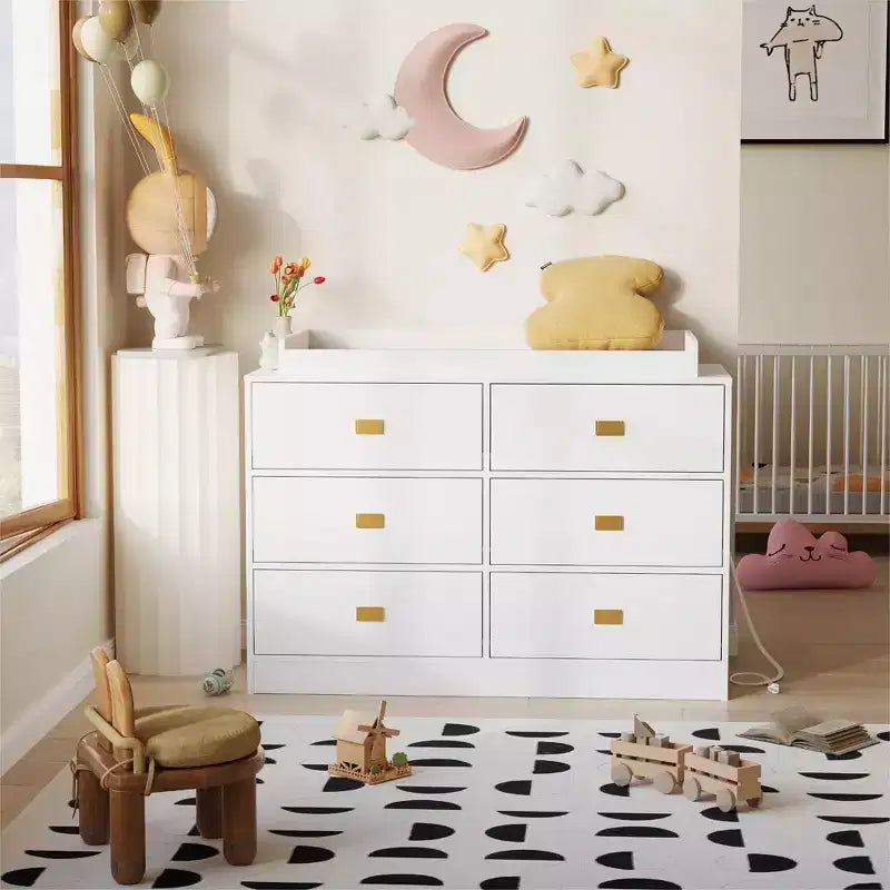 Commode de chambre d'enfant Coolmee avec plan à langer, commode bébé à 6 tiroirs avec kit anti-basculement, plateau étanche et rails de sécurité pour l'organisation du rangement