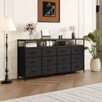 Commode TV de 160 cm en tissu pour chambre à coucher - Commode longue à 12 tiroirs pour salon - Commode noire avec étagères ouvertes