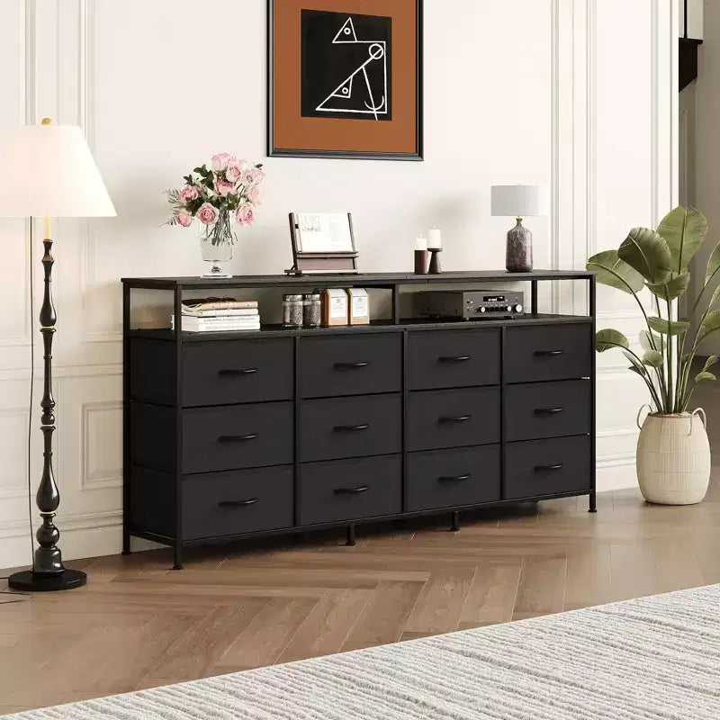 Commode TV de 160 cm en tissu pour chambre à coucher - Commode longue à 12 tiroirs pour salon - Commode noire avec étagères ouvertes