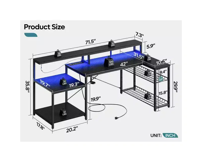 Bureau de gamer Bestier 71,5 pouces avec prise de courant, bureau d'ordinateur en L avec support d'écran, table de gamer d'angle avec étagère réglable et crochet pour casque