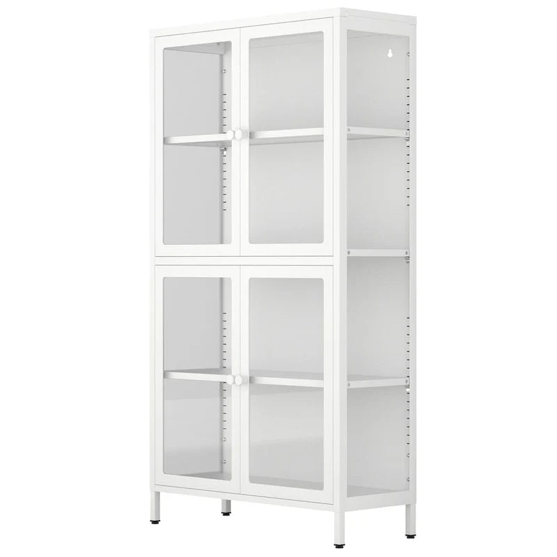 Meuble de rangement à quatre portes vitrées avec étagères et pieds réglables en acier laminé à froid
