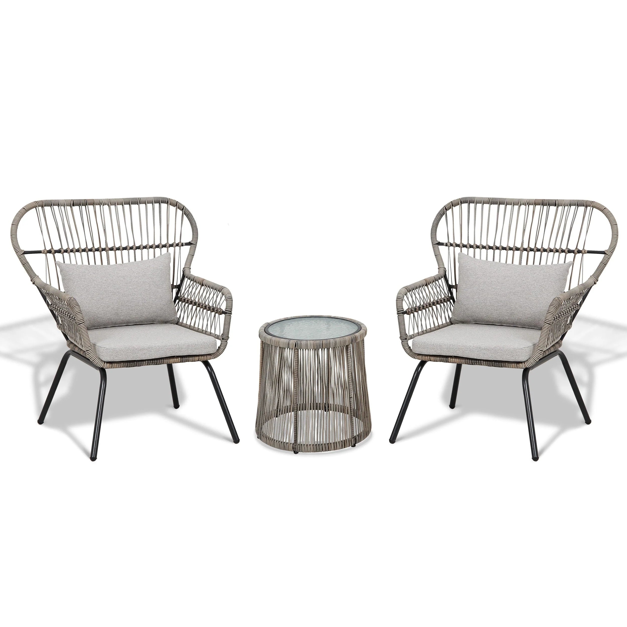 Ensemble bistrot 3 pièces en osier pour conversation, salon de jardin en rotin résistant aux intempéries avec coussins