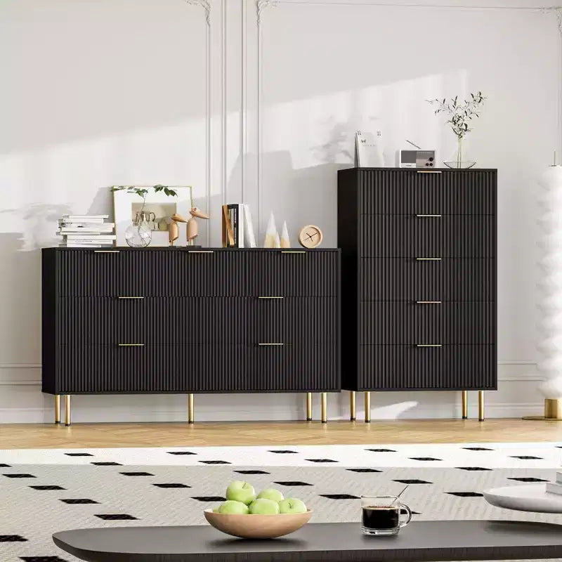 Commode moderne à 7 tiroirs cannelés avec poignées dorées, large commode de rangement en bois pour chambre à coucher, salon, entrée