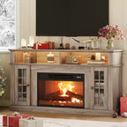 Meuble TV compatible 70 pouces, Console multimédia 58 pouces, Meuble TV moderne effet bois avec lumières LED, Rangement avec portes en verre et étagères réglables