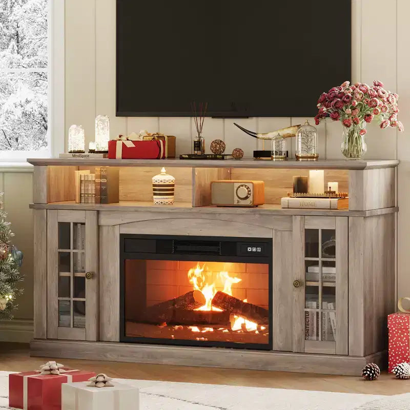 Meuble TV compatible 70 pouces, Console multimédia 58 pouces, Meuble TV moderne effet bois avec lumières LED, Rangement avec portes en verre et étagères réglables