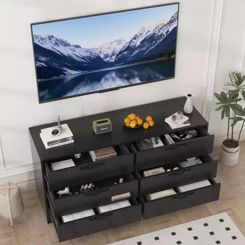 Meuble TV moderne de 63 pouces avec support pour téléviseur de 75 pouces, console multimédia à hauteur réglable avec 6 tiroirs, centre de divertissement robuste en MDF pour salon, chambre à coucher