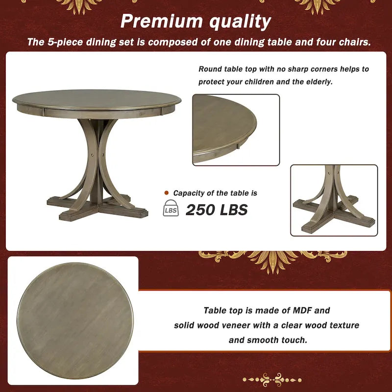 Ensemble de salle à manger 5 pièces en bois taupe rétro avec table à tréteaux courbés et 4 chaises