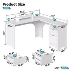 Bureau d'angle Bestier de 140 cm avec tiroirs, bureau d'ordinateur de bureau avec coins arrondis, support d'écran et panneaux cannelés, blanc et noyer