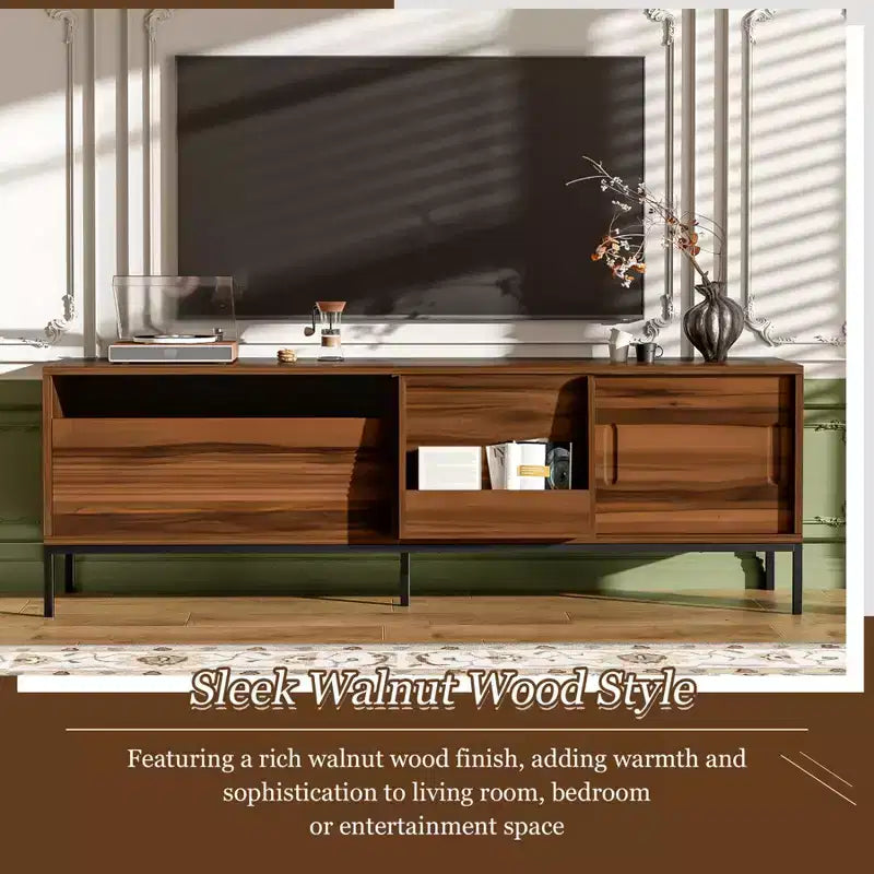 Meuble TV moderne pour téléviseurs jusqu'à 75 pouces, meuble de divertissement en bois de 180 cm avec rangement et porte coulissante, table console multimédia pour salon et chambre