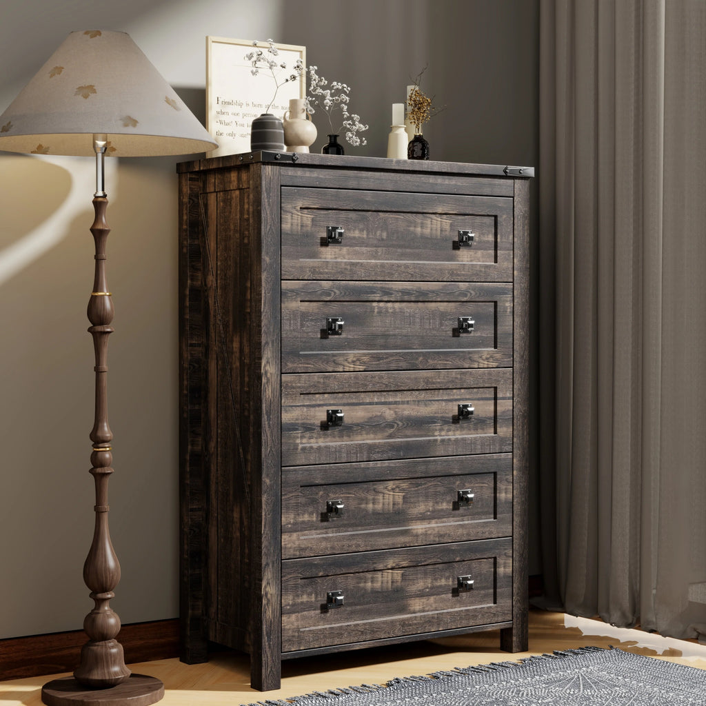 Commode en bois de style campagnard, 5 tiroirs, 122 cm de hauteur, pour chambre à coucher