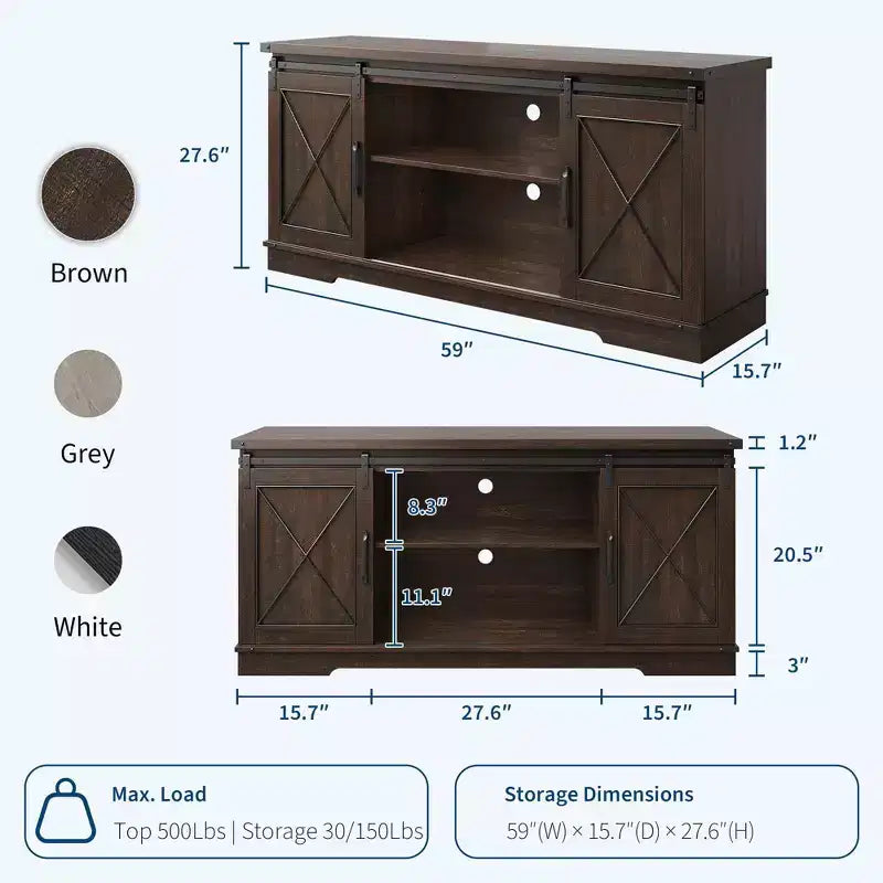Meuble TV de style rustique pour téléviseurs jusqu'à 65 pouces, meuble de rangement avec portes coulissantes de grange, placards de rangement en bois et étagère réglable