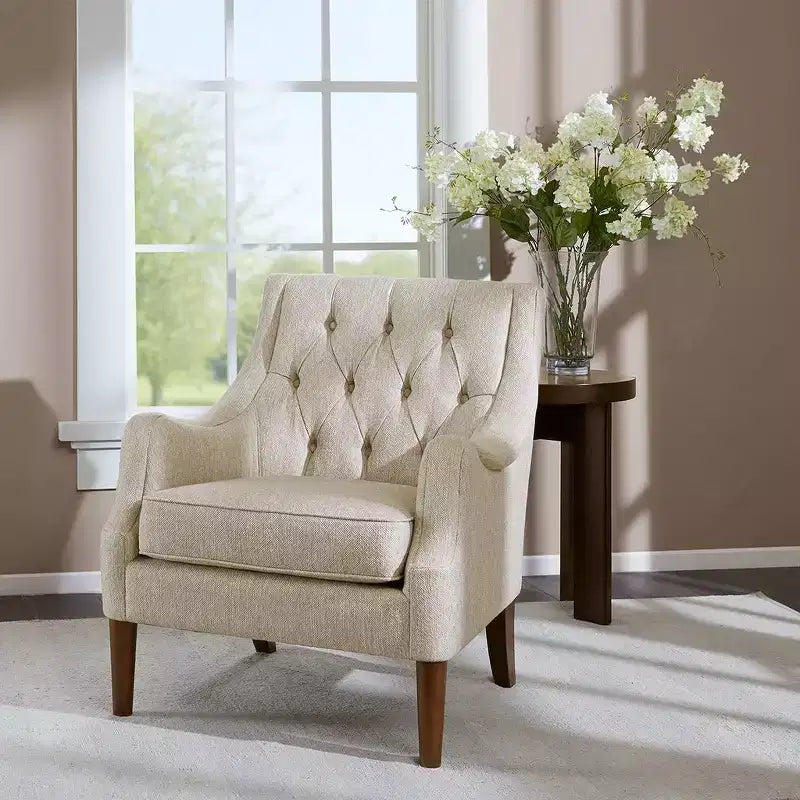 Okak Fauteuil d'appoint contemporain avec boutons capitonnés, coussin rembourré et pieds en bois, pour salon, chambre ou coin lecture