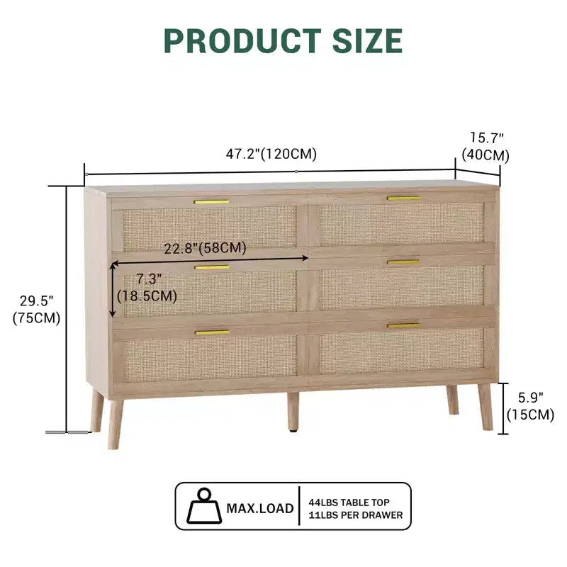 Commode en rotin naturel Garvee avec poignées dorées, commode de rangement en bois de style ferme avec 5 pieds solides pour salon, chambre et entrée, chêne