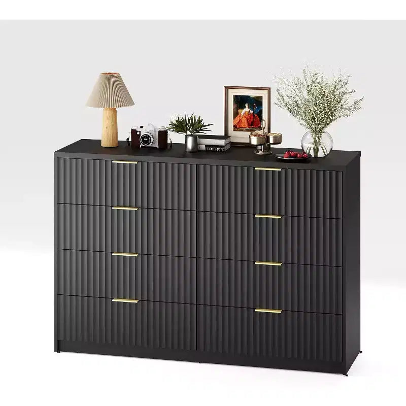 Commode double flûtée à 8 tiroirs, grand chiffonnier anti-basculement pour chambre à coucher, noir