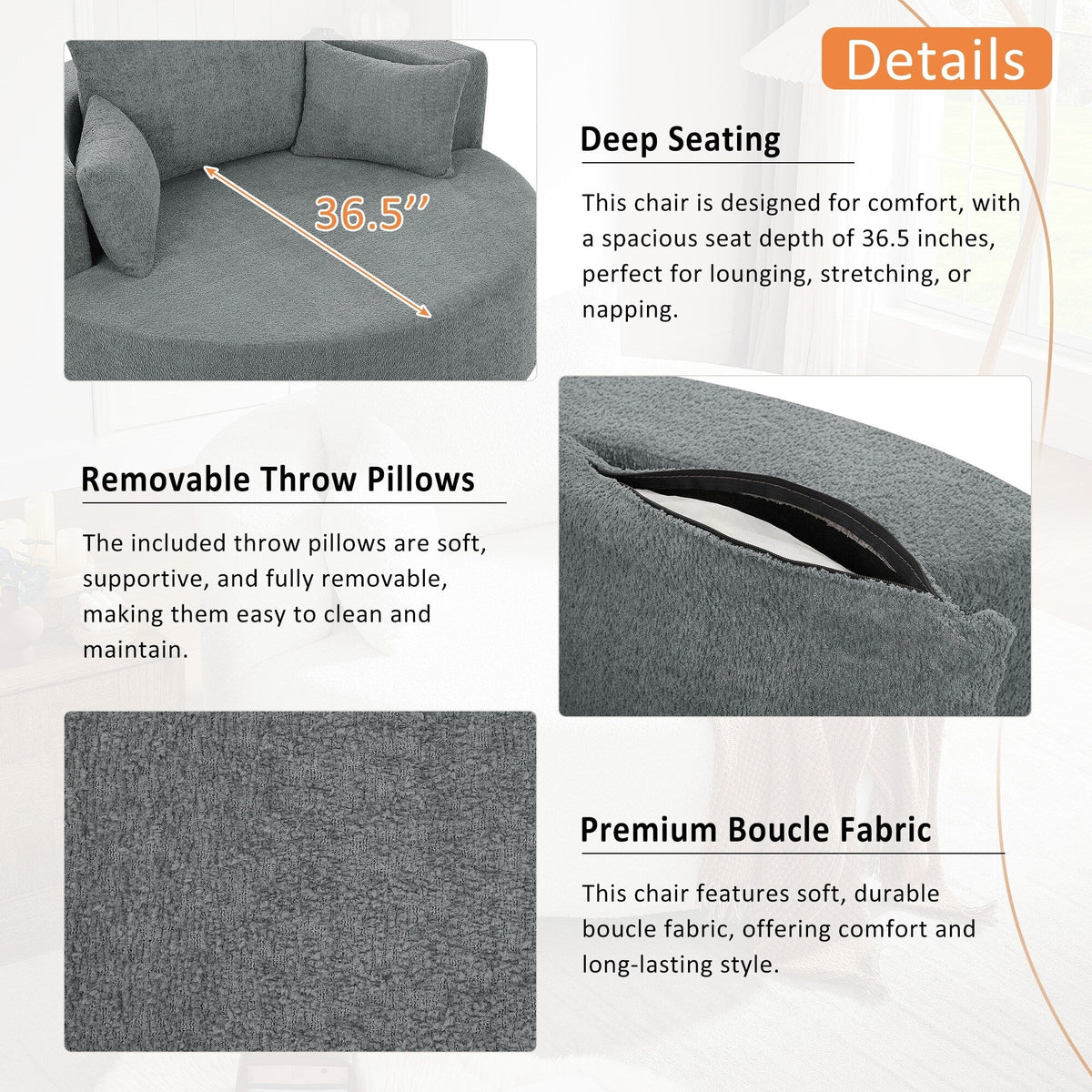 Fauteuil baril accent en chenille, Fauteuil de salon, Fauteuil rond avec base pivotante à 360 degrés et 3 coussins amovibles