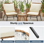 Ensemble de bistro 3 pièces pour terrasse, salon de jardin en rotin tressé avec table en verre et 2 fauteuils larges, coussins d'assise