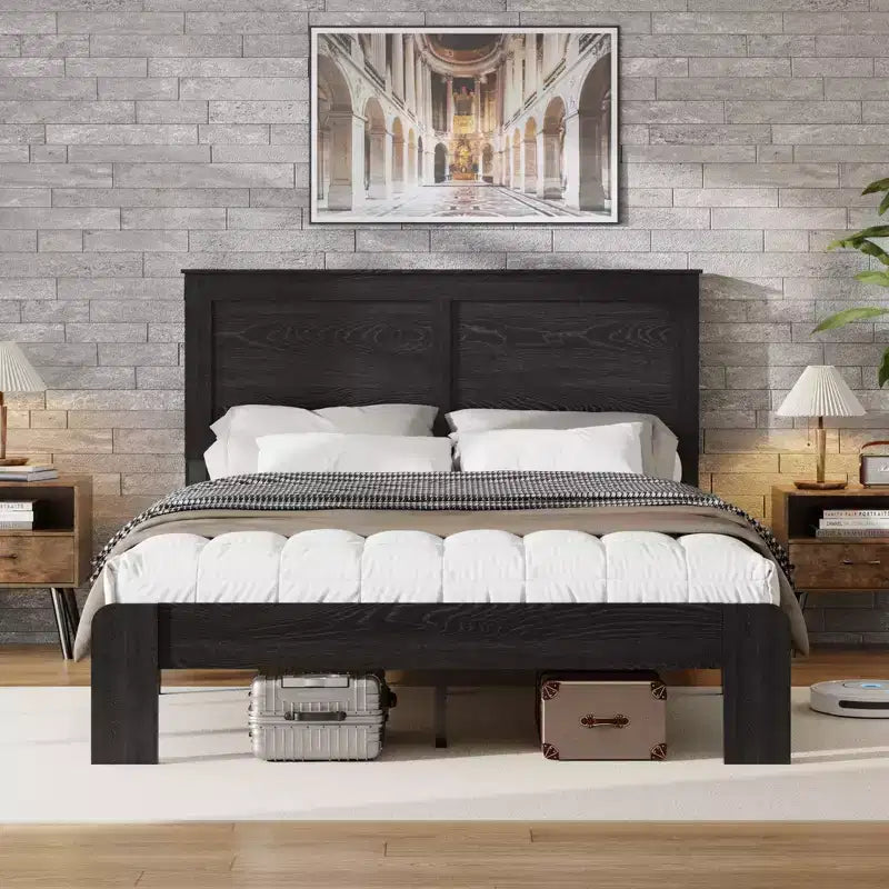 Cadre de lit en bois, taille double/grand lit/très grand lit, silencieux, pas besoin de sommier tapissier, outils de montage faciles, grand rangement sous le lit, noir foncé