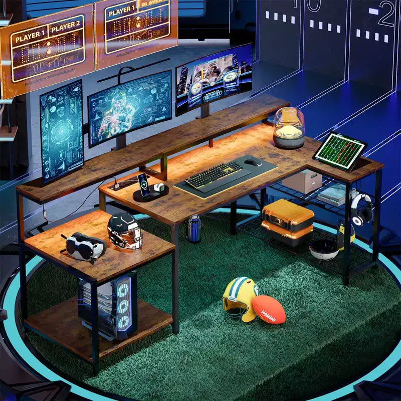 Bureau de gamer Bestier 71,5 pouces avec prise de courant, bureau d'ordinateur en L avec support d'écran, table de gamer d'angle avec étagère réglable et crochet pour casque