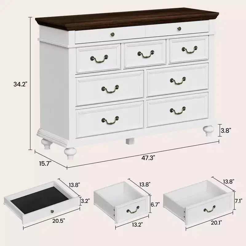 Commode de Ferme à 9 Tiroirs pour Chambre à Coucher, Large Commode Rustique en Bois de 47" avec 9 Tiroirs et Poignées en Métal, Grand Organiseur de Rangement