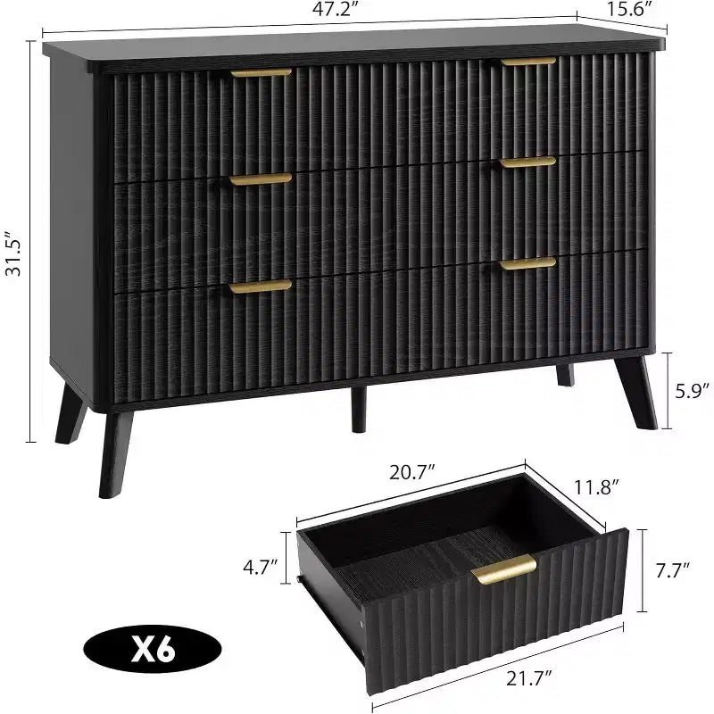 Commode 6 tiroirs pour chambre à coucher, commode de 120 cm de large avec profil incurvé, tiroirs en bois cannelé, commode moderne pour salon