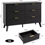 Commode 6 tiroirs pour chambre à coucher, commode de 120 cm de large avec profil incurvé, tiroirs en bois cannelé, commode moderne pour salon