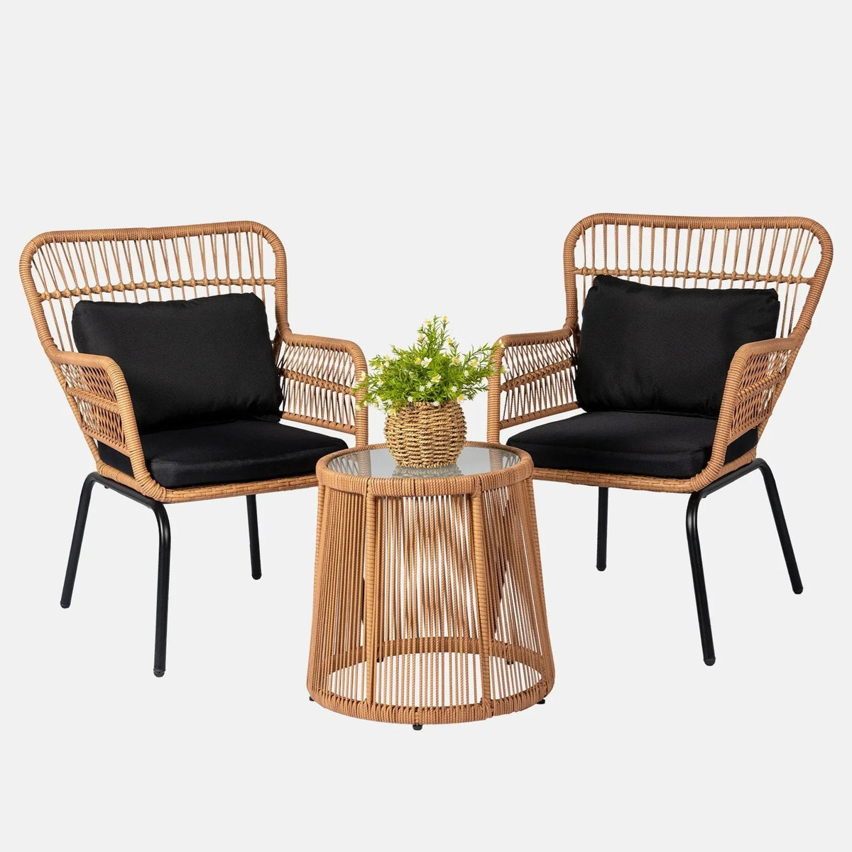 Ensemble bistrot 3 pièces en osier pour conversation, salon de jardin en rotin résistant aux intempéries avec coussins