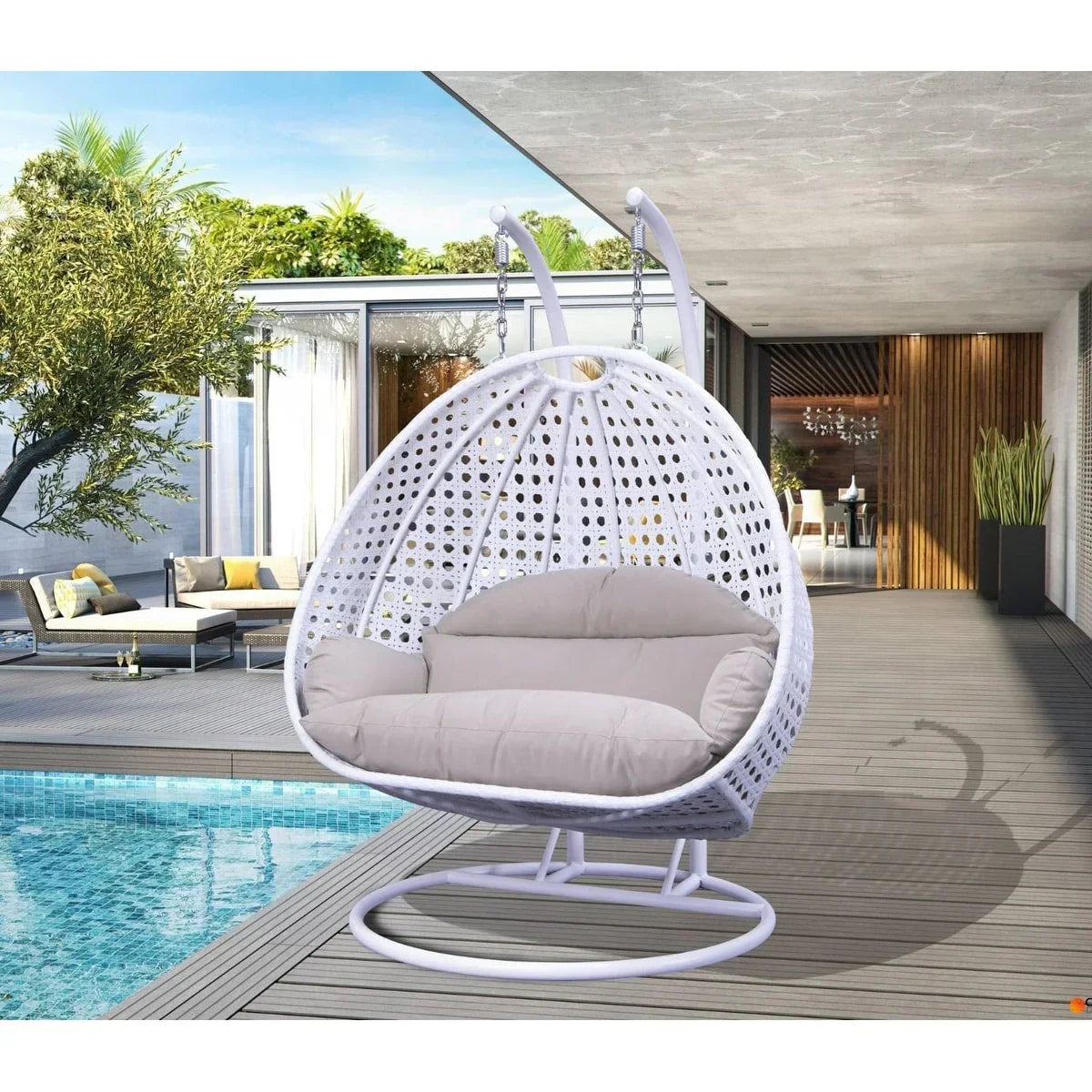 LeisureMod Fauteuil suspendu œuf 2 places avec support - Balançoire / hamac de patio en rotin osier pour extérieur/intérieur avec coussins
