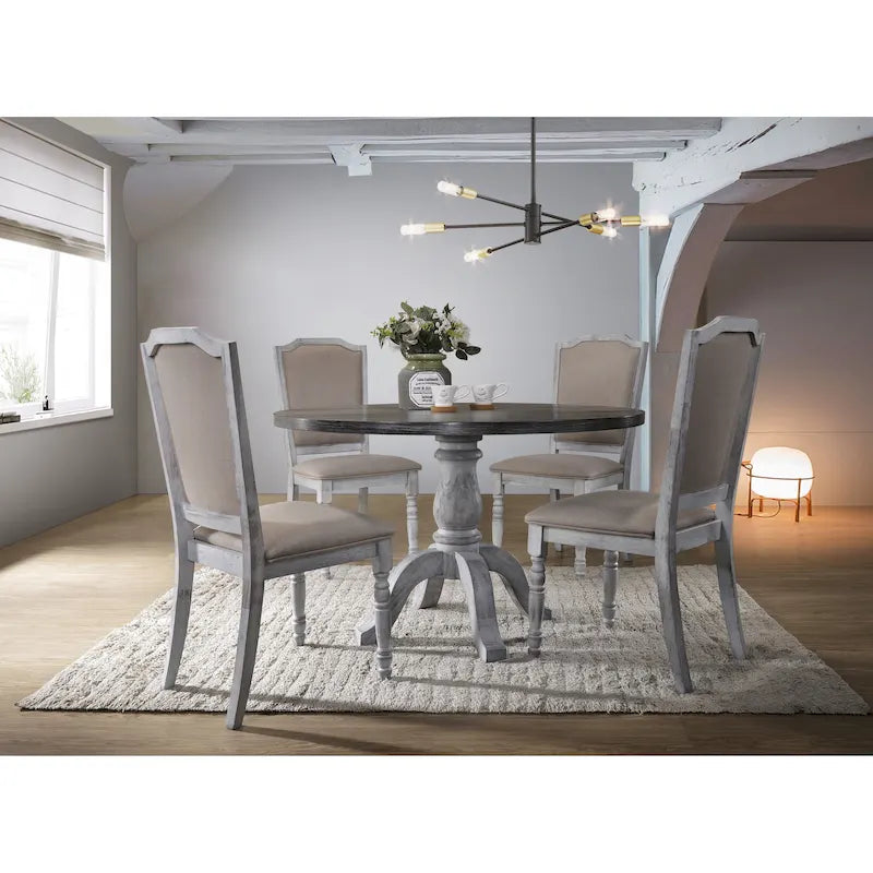 Ensemble de salle à manger 5 pièces d'inspiration vintage, finition patinée, avec table piédestal ronde et 4 chaises de salle à manger rembourrées