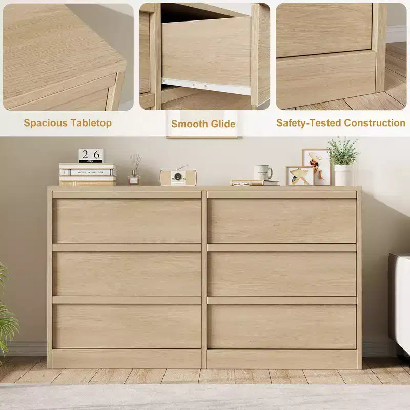 Commode 6 tiroirs CuisinSmart pour chambre à coucher, double commode de rangement naturelle avec poignées concaves, commode moderne, bois naturel