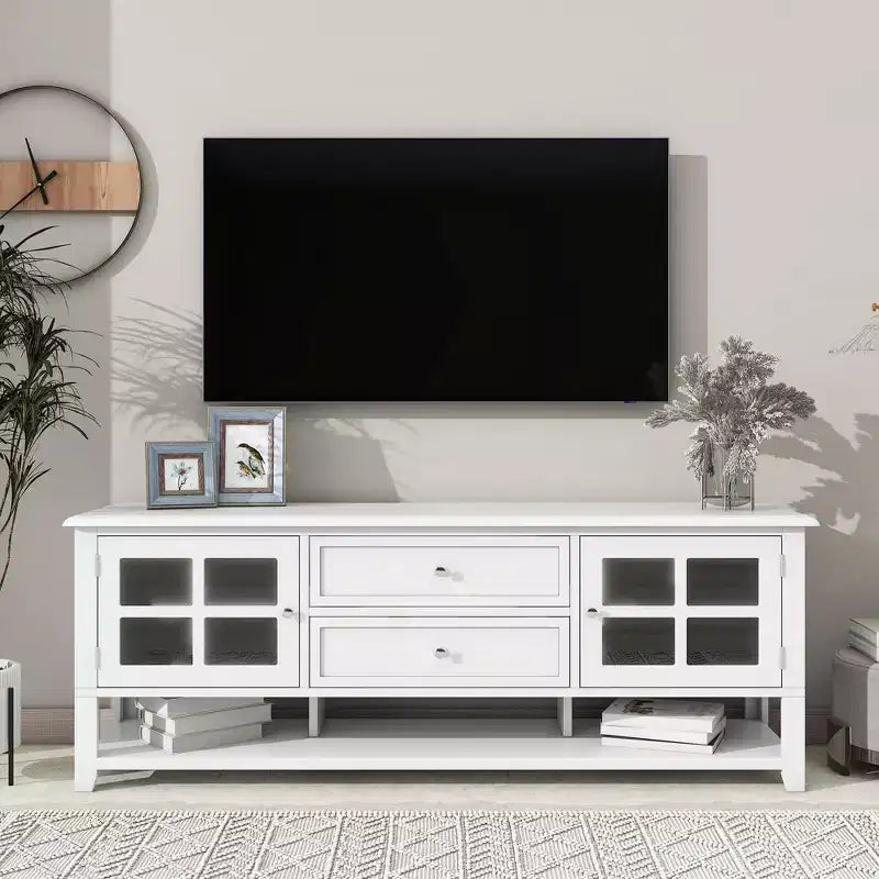 Meuble TV moderne du milieu du siècle TROPOW pour téléviseur de 60 pouces avec espace de rangement multifonctionnel Console multimédia pour salon, chambre et bureau BLANC