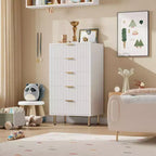 Commode moderne en bois de 122 cm de haut avec 5 tiroirs cannelés profonds et un large plateau pour chambre à coucher, salon, couloir, chambre d'enfant