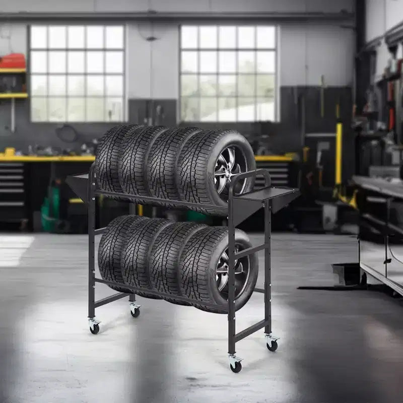 Support à pneus, capacité de 227 kg, support de rangement de pneus roulant réglable avec 2 étagères et 4 roulettes pivotantes pour garage, pneus de VUS et de camions, noir