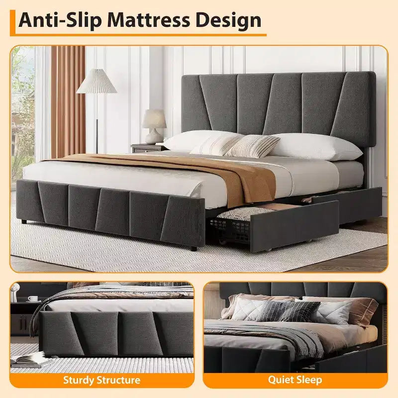 Lit Queen Size avec tête de lit réglable et 4 tiroirs de rangement, cadre de lit plateforme rembourré doux avec support à lattes en bois