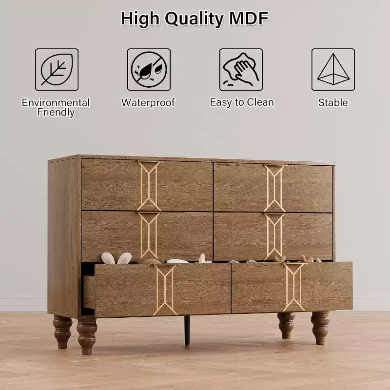 Commode en bois à 6 tiroirs au design vintage, commode moderne à tiroirs profonds pour chambre, salon, entrée