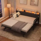 Lit de repos avec lit gigogne et lumière LED, cadre de lit double avec tête de lit rembourrée et station de charge, cadre de lit de repos en métal ou pour salon