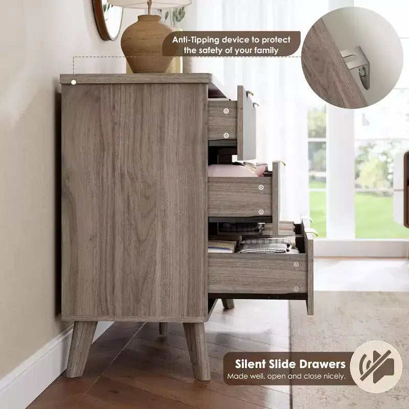 Commode 6 tiroirs pour chambre à coucher, commode de 120 cm de large avec profil incurvé, tiroirs en bois cannelé, commode moderne pour salon