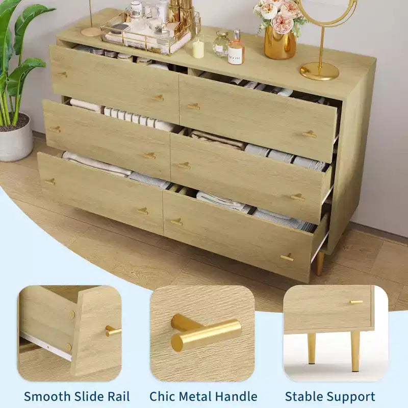 Commode de chambre à 6 tiroirs style ferme, 120 cm de large, en bois rustique, avec grands tiroirs et poignées barre, organisateur de tiroirs pour le salon