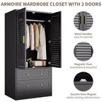 Armoire penderie à persiennes de 165 cm, Meuble de rangement en bois avec 2 portes et 2 tiroirs, Armoire de chambre avec tringle de suspension