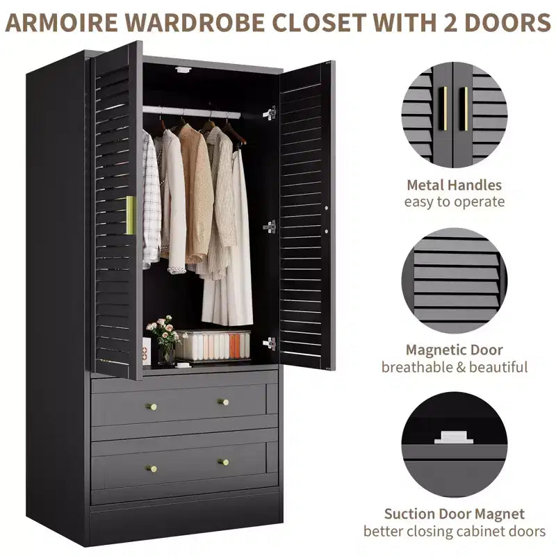 Armoire penderie à persiennes de 165 cm, Meuble de rangement en bois avec 2 portes et 2 tiroirs, Armoire de chambre avec tringle de suspension