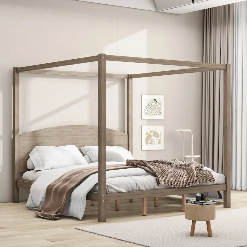Lit plateforme à baldaquin King Size en pin avec tête de lit classique en bois, cadre de lit rembourré, aucun sommier tapissier requis, montage facile