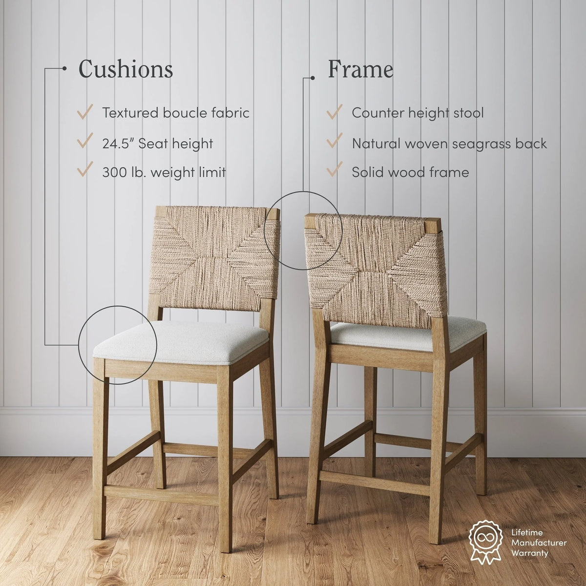 Tabouret de bar Beacon Bohemian Boucle, Chaise de comptoir rembourrée avec structure en bois massif et dossier en jonc de mer tressé