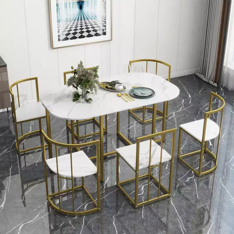 Ensemble de salle à manger moderne en marbre pour 6 personnes avec structure en métal, table rectangulaire en marbre autocollant et 6 chaises pour salle à manger et cuisine.