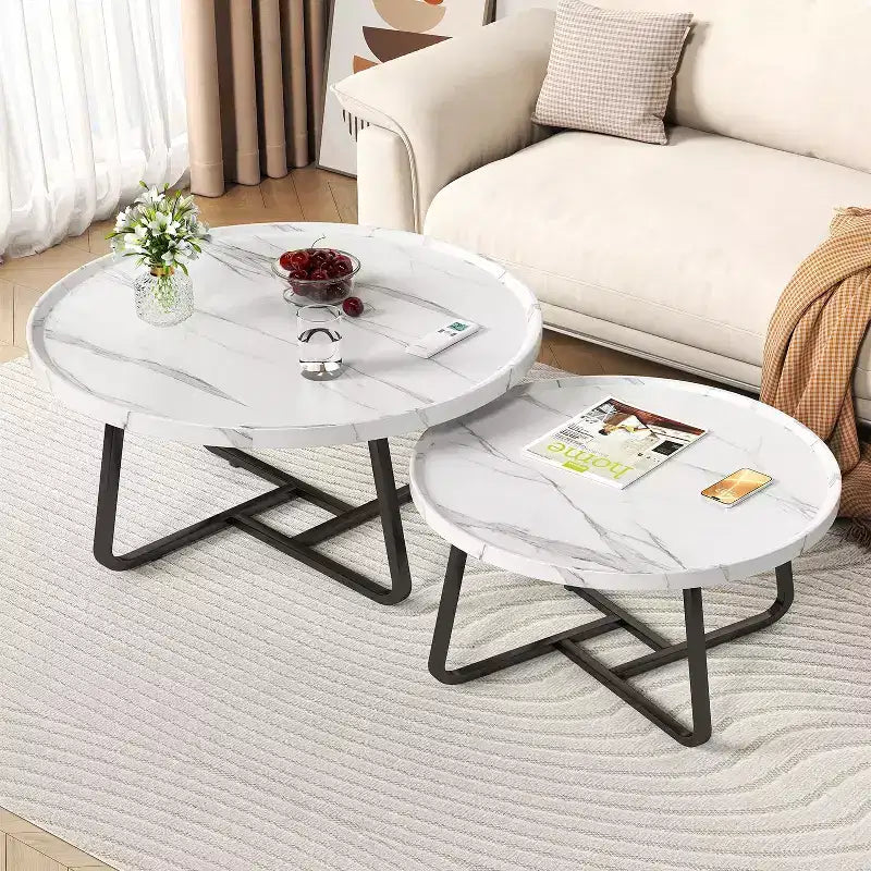 Lot de 2 tables basses, petites tables basses rondes durables de style Mid-Century pour le salon, ensemble de tables basses gigognes modernes faciles à monter, tables d'appoint circulaires
