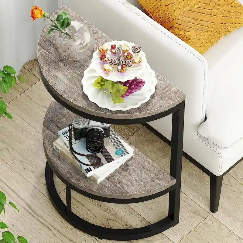 Table d'appoint demi-ronde, table d'appoint étroite, table basse en C mince avec cadre en métal