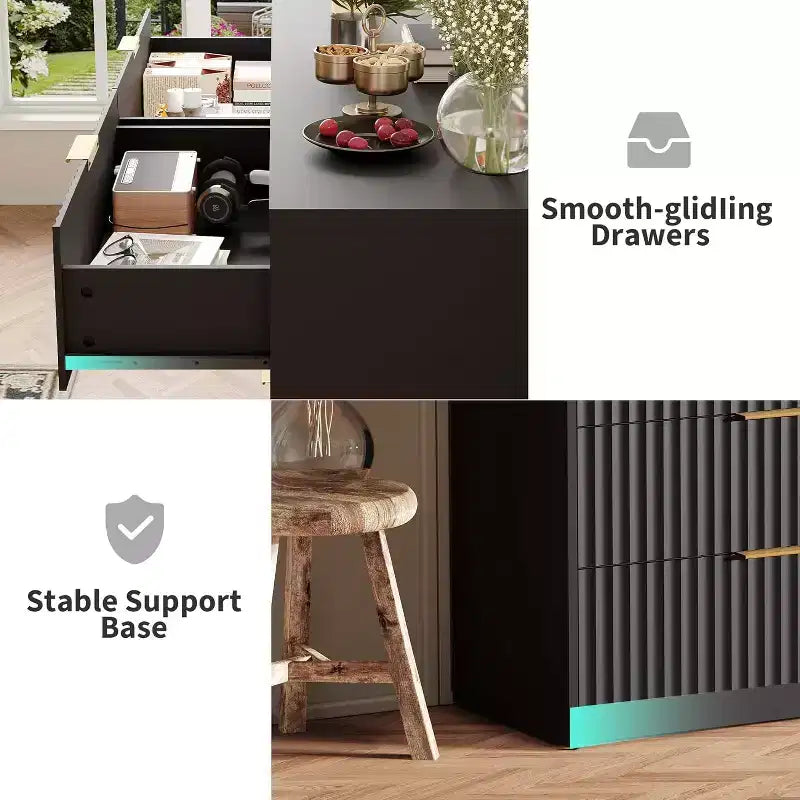 Commode double flûtée à 8 tiroirs, grand chiffonnier anti-basculement pour chambre à coucher, noir