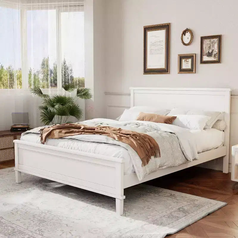 Cadre de lit plateforme pleine/grand lit/très grand lit avec tête de lit et support à lattes en bois, blanc/brun - ModernLuxe