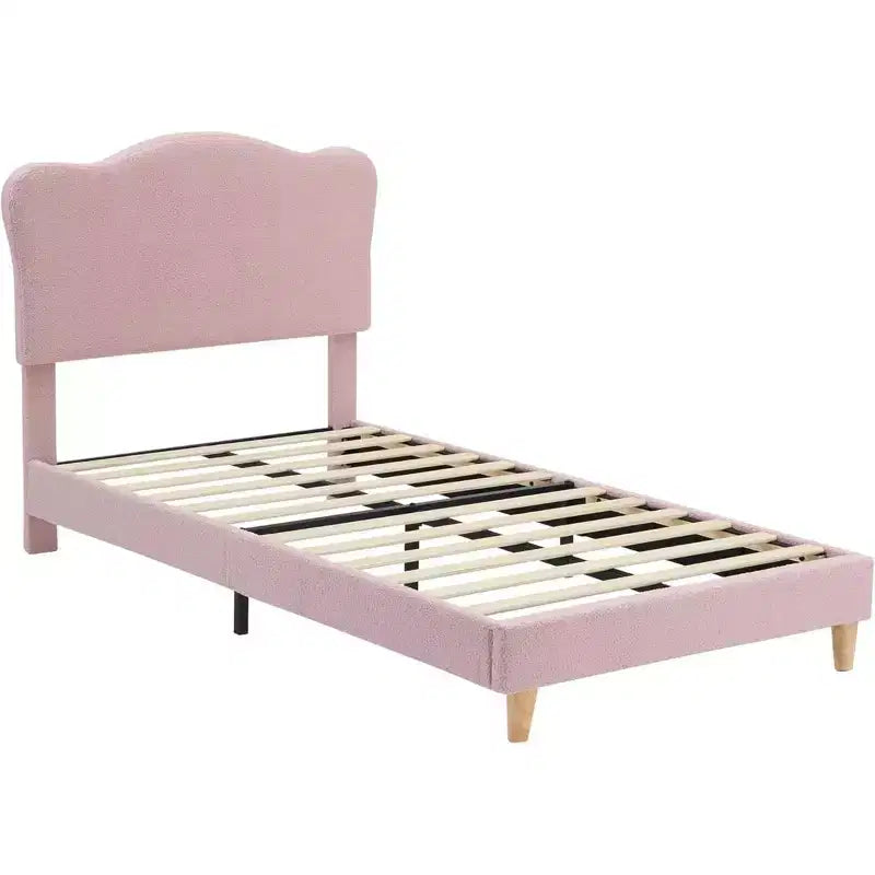 Lit plateforme capitonné jumeau GustoWave avec tête de lit coquillage pour enfants - Rose, pas besoin de sommier tapissier