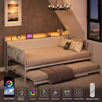 Lit de repos avec lit gigogne et lumière LED, cadre de lit double avec tête de lit rembourrée et station de charge, cadre de lit de repos en métal ou pour salon